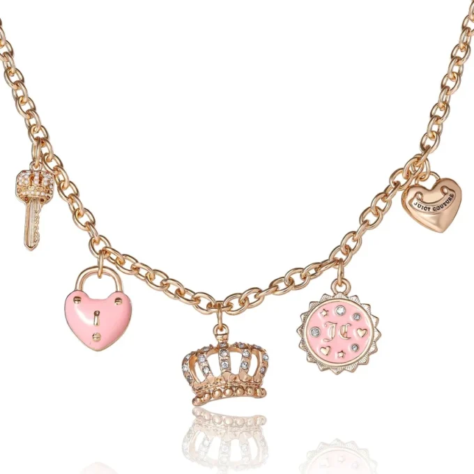Charmhalsband med rosa emaljdetaljer och kristalldetaljer