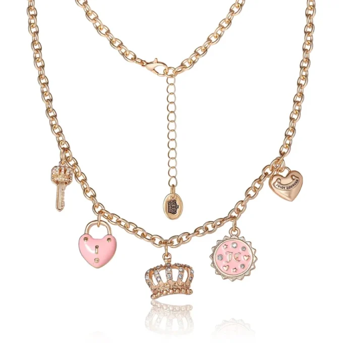 Charmhalsband med rosa emaljdetaljer och kristalldetaljer