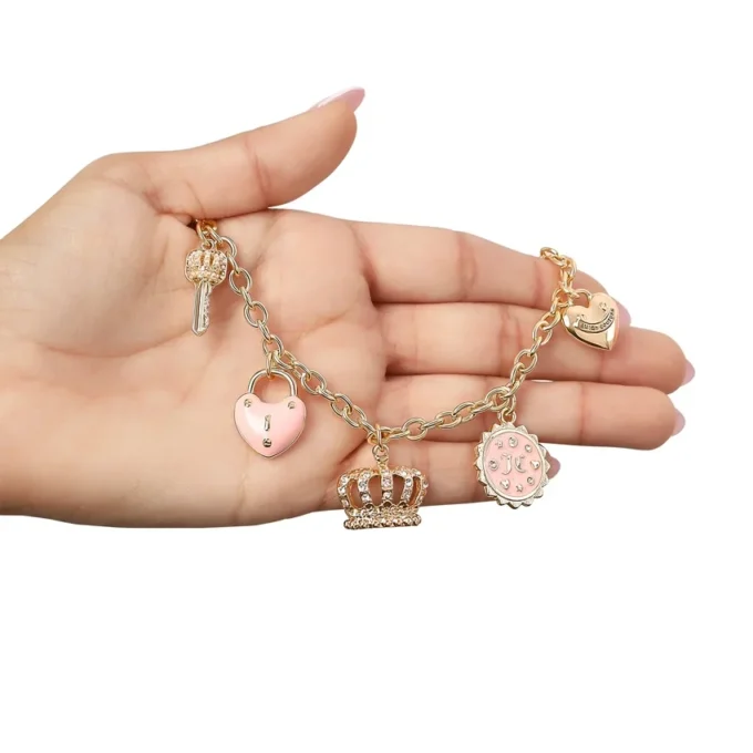 Charmhalsband med rosa emaljdetaljer och kristalldetaljer