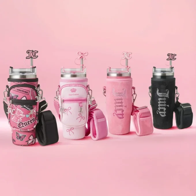 Jetsetter Hydration rostfritt stålmugg med handtag, sugrör och lock samt velourväska med axelrem