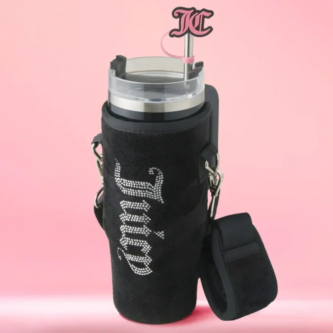 Jetsetter Hydration rostfritt stålmugg med handtag, sugrör och lock samt velourväska med axelrem