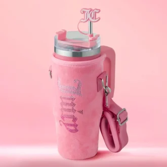 Jetsetter Hydration rostfritt stålmugg med handtag, sugrör och lock samt velourväska med axelrem