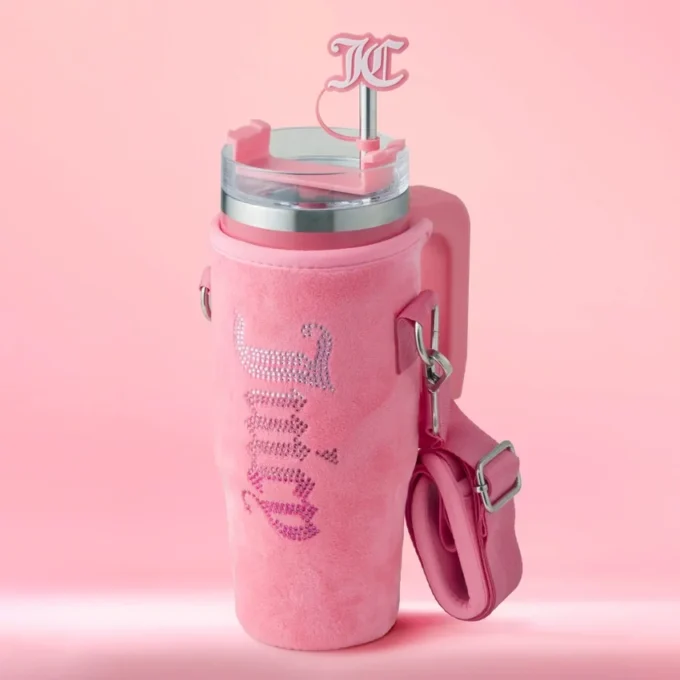Jetsetter Hydration rostfritt stålmugg med handtag, sugrör och lock samt velourväska med axelrem