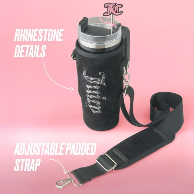 Jetsetter Hydration rostfritt stålmugg med handtag, sugrör och lock samt velourväska med axelrem
