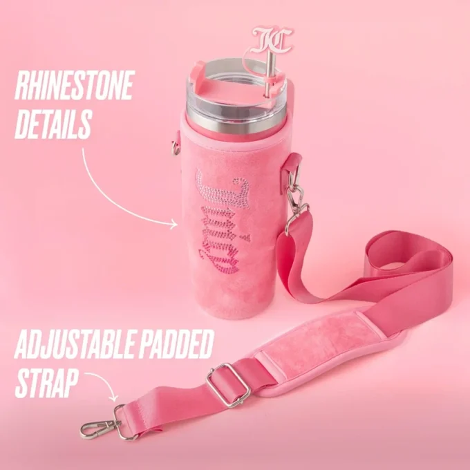 Jetsetter Hydration rostfritt stålmugg med handtag, sugrör och lock samt velourväska med axelrem