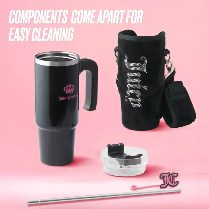 Jetsetter Hydration rostfritt stålmugg med handtag, sugrör och lock samt velourväska med axelrem
