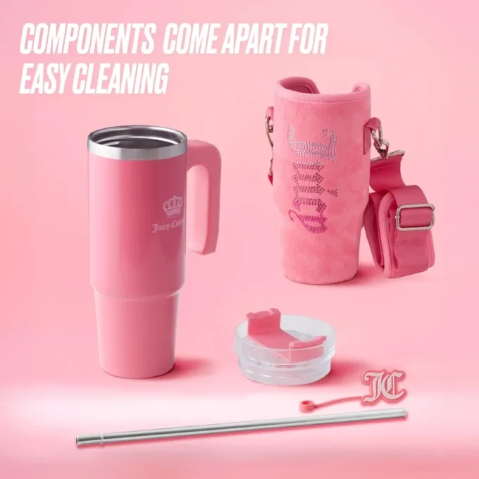 Jetsetter Hydration rostfritt stålmugg med handtag, sugrör och lock samt velourväska med axelrem