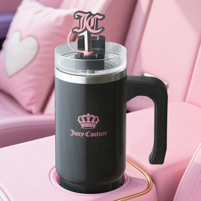 Jetsetter Hydration rostfritt stålmugg med handtag, sugrör och lock samt velourväska med axelrem