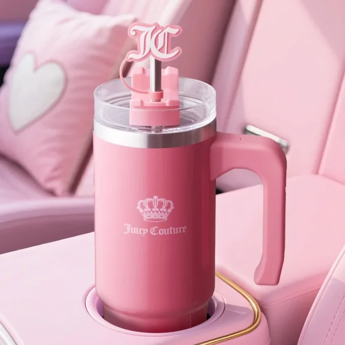 Jetsetter Hydration rostfritt stålmugg med handtag, sugrör och lock samt velourväska med axelrem