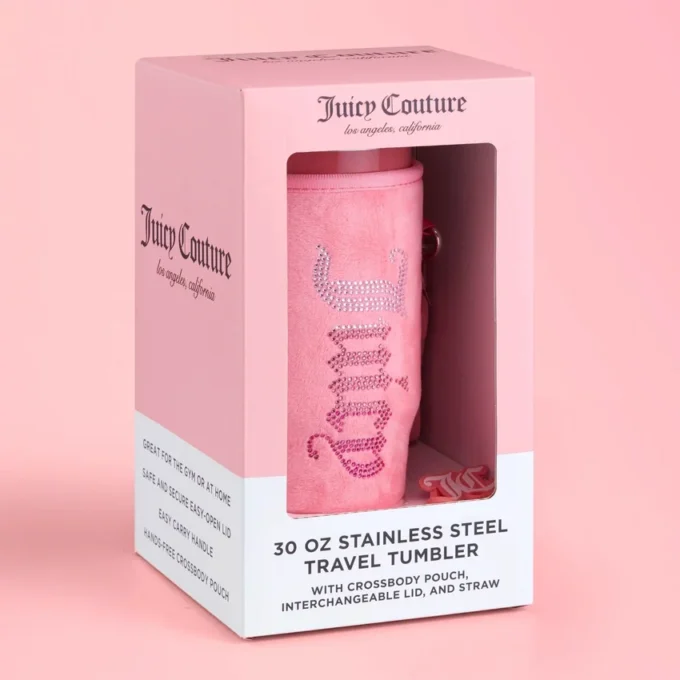 Jetsetter Hydration rostfritt stålmugg med handtag, sugrör och lock samt velourväska med axelrem