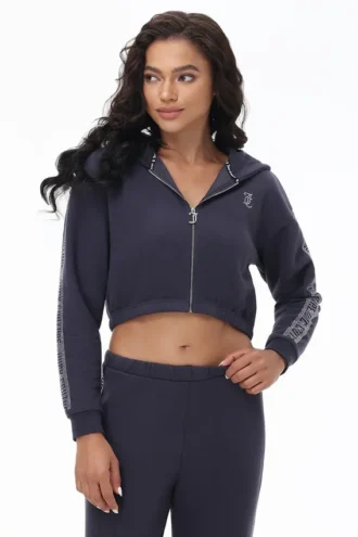 Kort fleece-huvtröja med bling på sidan